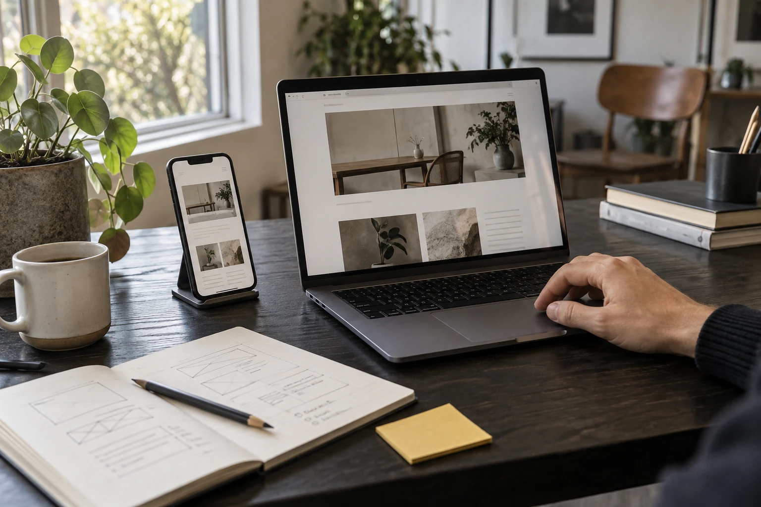 Illustrative web design scene with a laptop, phone and sketches.